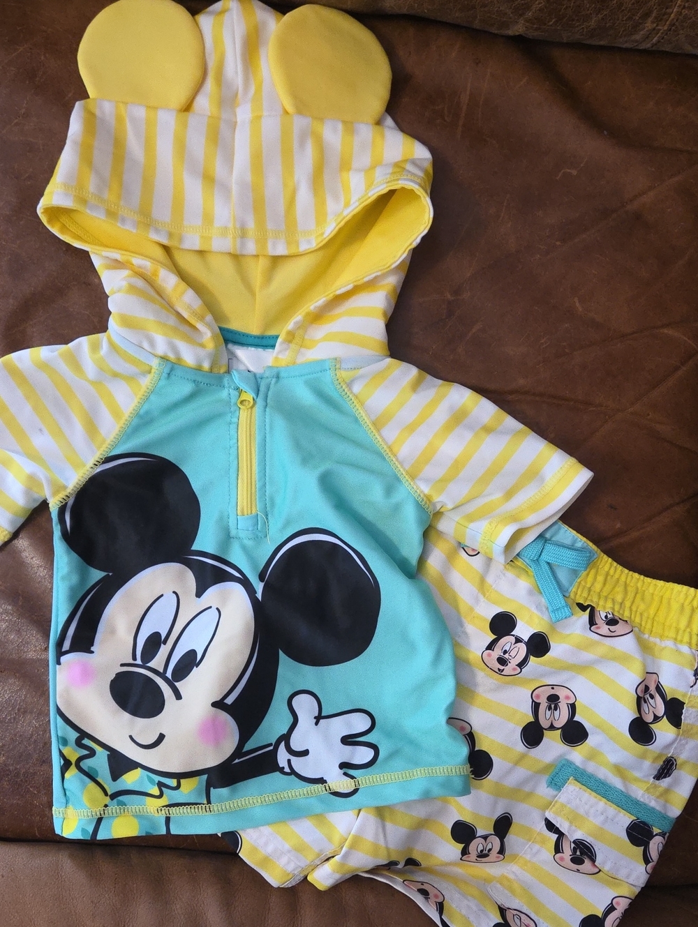 Disney Yellow & Aqua Mickey Mouse Hooded Shirt and Shorts Set Size 12-18m